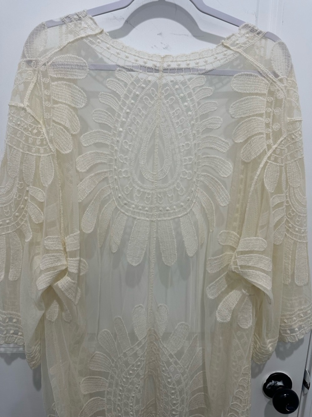 Raj Cream Sheer  Embroidered Kimono Boho Style Open Cardigan Duster